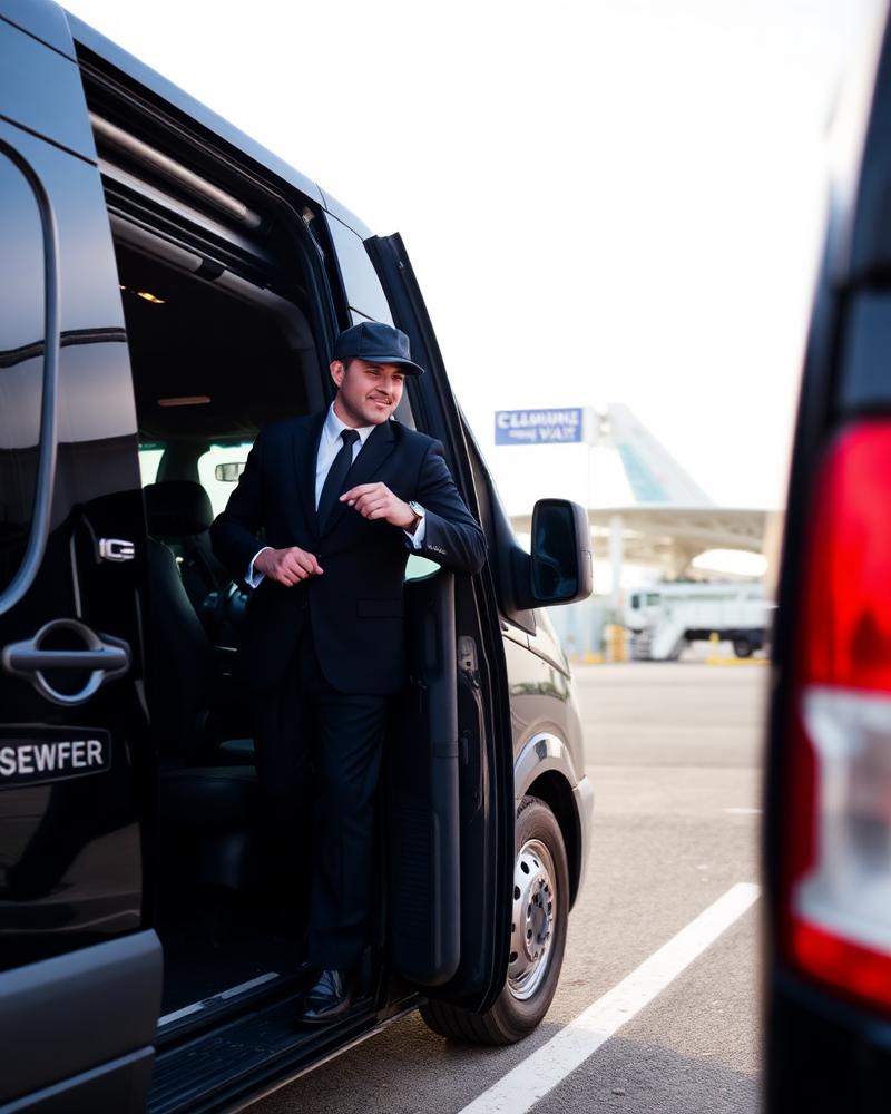 Chauffeur opening the door of a black Mercedes V-Class at OR Tambo International Airport