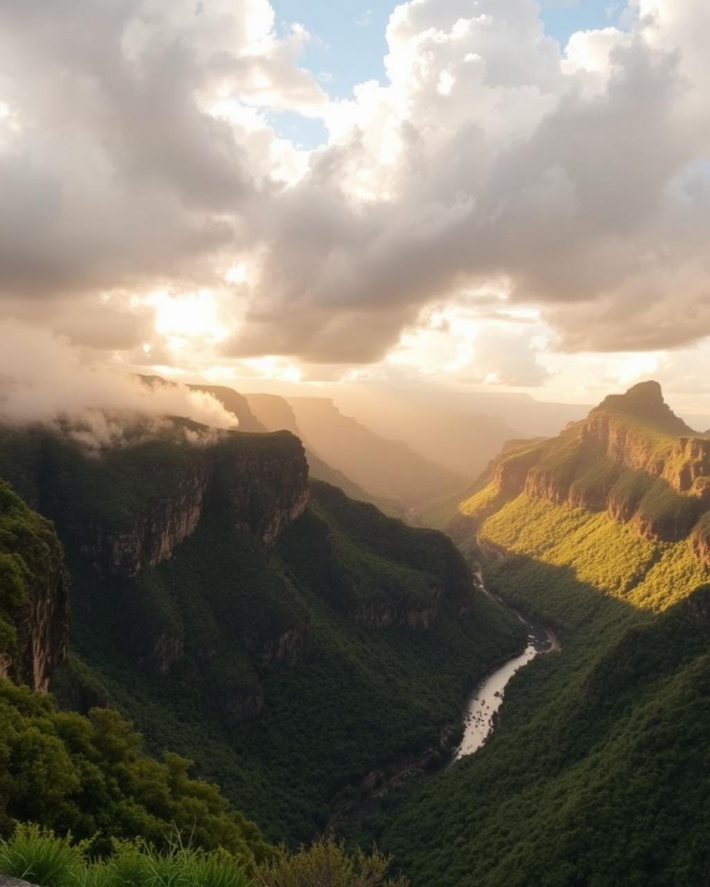 Green cliffs and river of the Blyde River Canyon at golden hour
