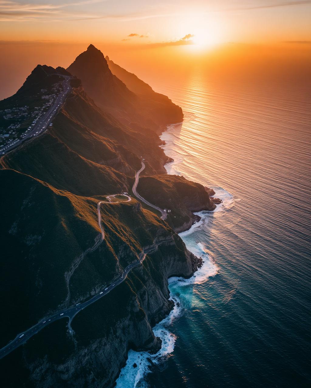Aerial view of a cliffside coastal road curving toward Cape Point at sunset