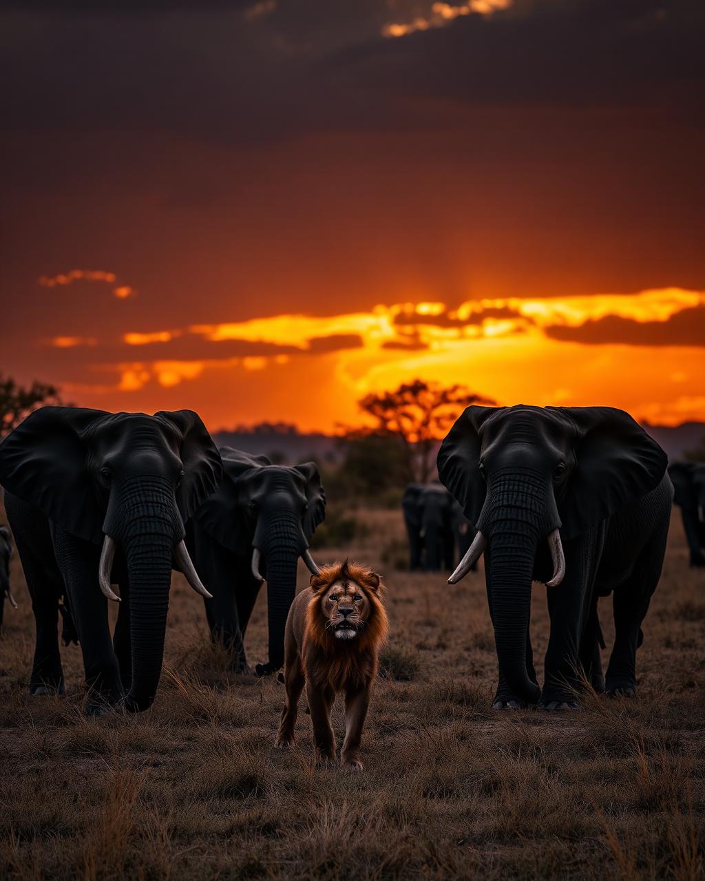 Elephant herd and a lion at sunset in Kruger National Park