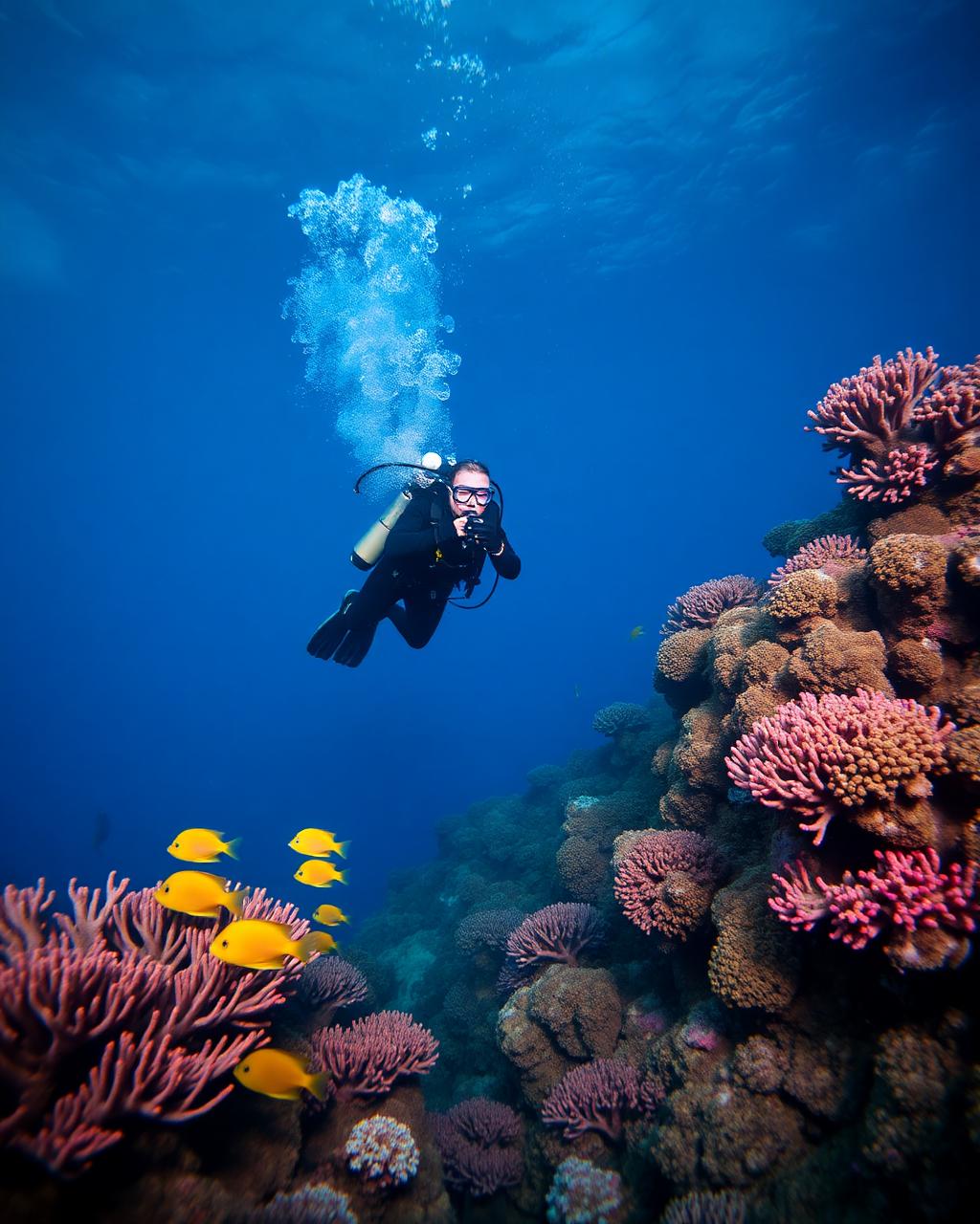 Scuba diver above a vibrant coral reef in the blue water of Sodwana Bay
