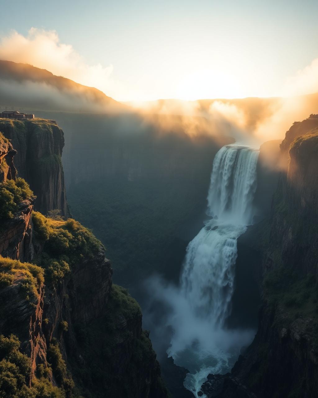 Tugela Falls plunging down the Drakensberg Amphitheatre cliffs at sunrise