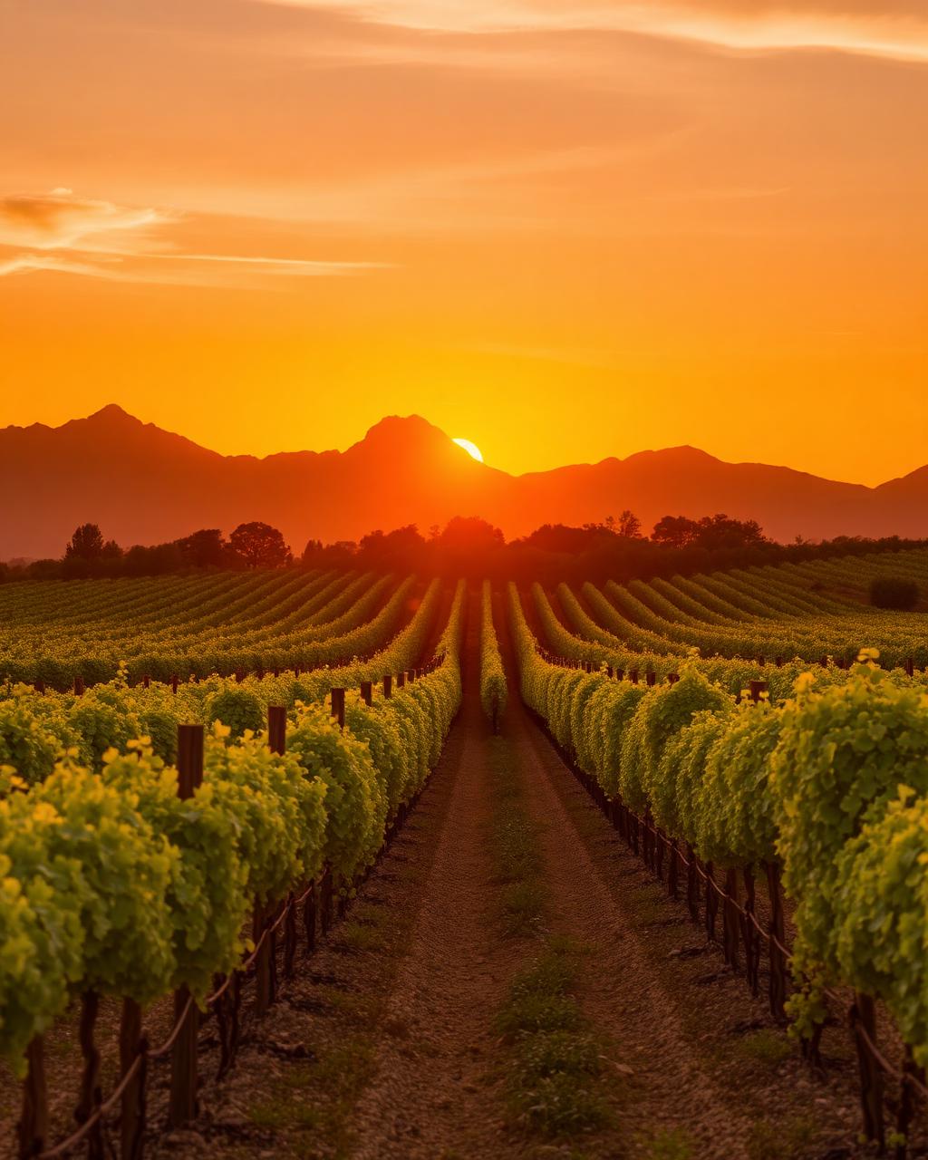 Vineyard rows glowing at sunset with mountains behind in the Cape Winelands