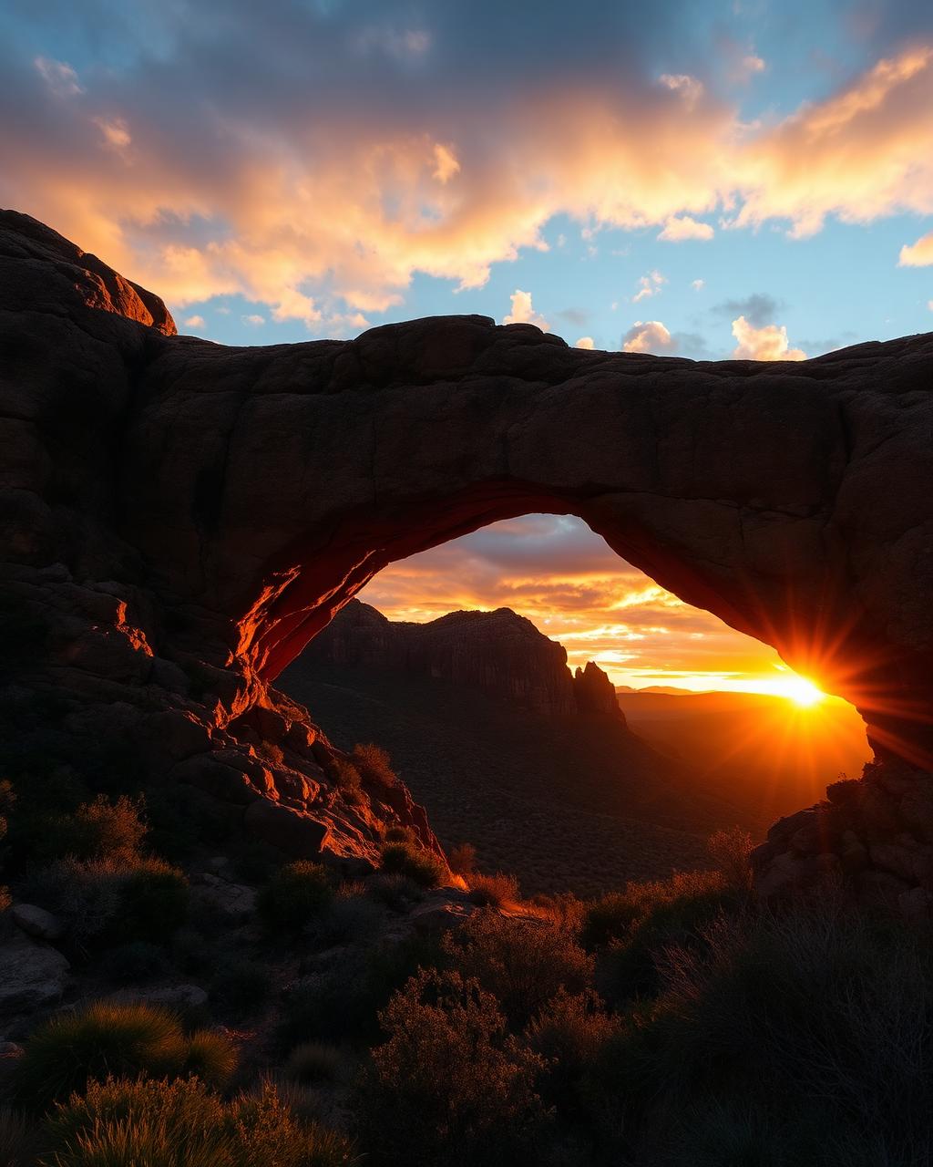Sunset burning through the Wolfberg Arch rock formation in the Cederberg
