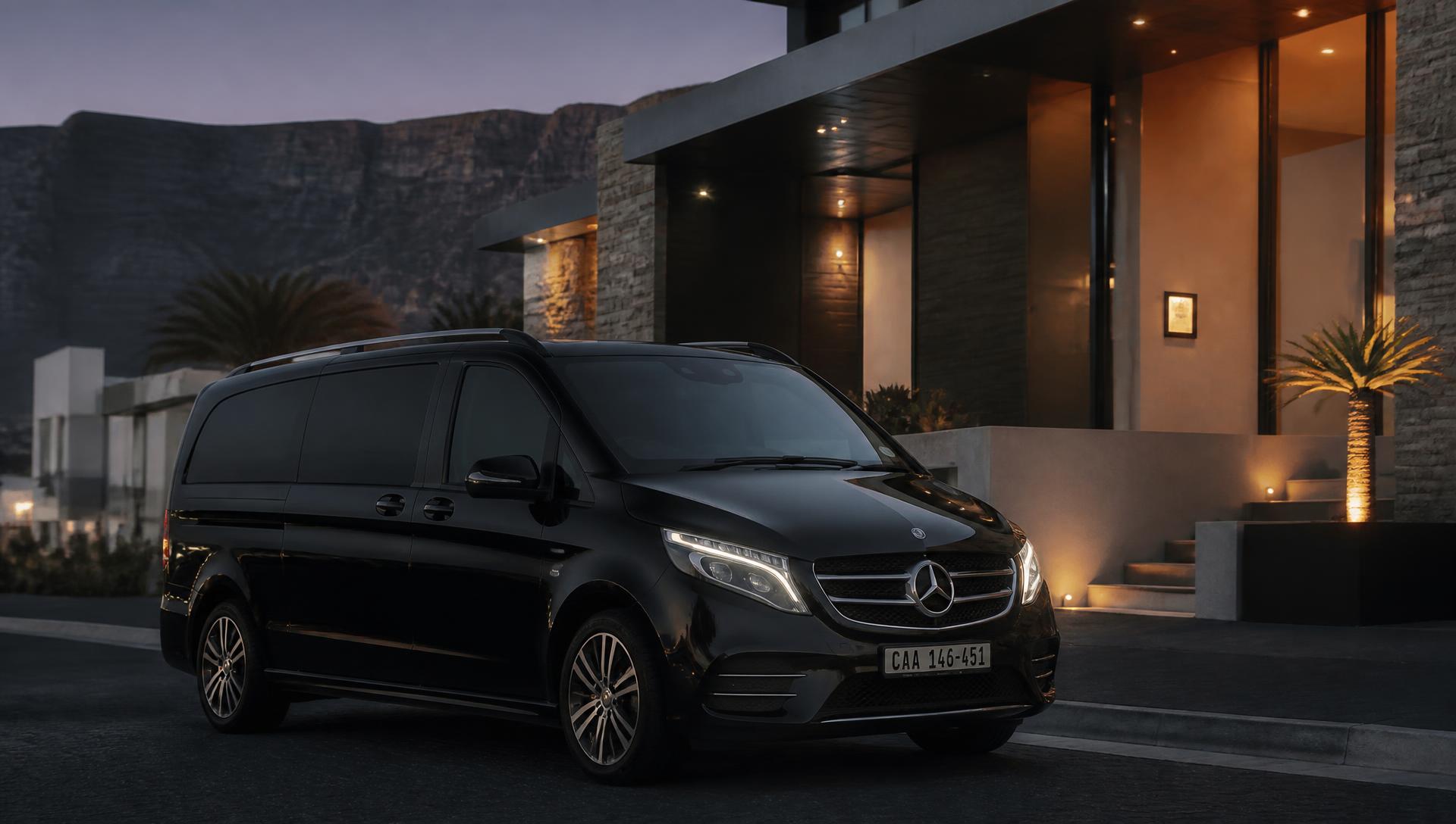 Black Mercedes-Benz V-Class V250d outside a modern Cape Town villa at dusk