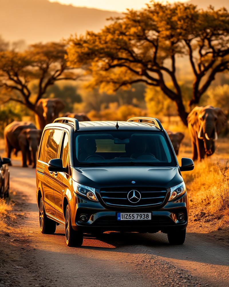 Mercedes-Benz V-Class driving through a South African game reserve with elephants