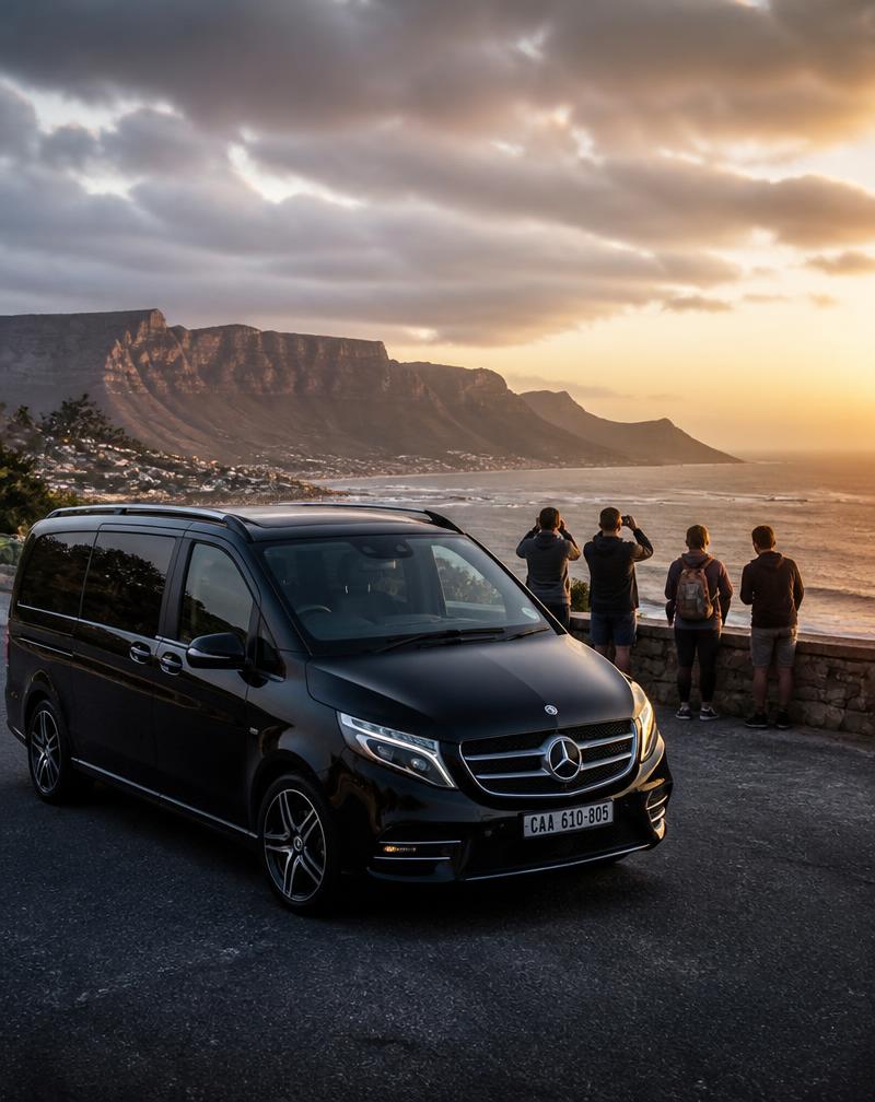 Black Mercedes V-Class parked at a Cape Town coastal viewpoint at sunset
